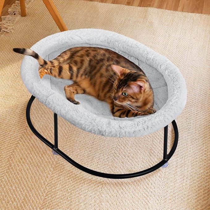 Elevated Cat Hammock Bed for Indoor Cats, Fluffy Warm Cuddle Cats Bed with Detachable Pad Bed Cover, Portable Pet Bed Raised Cuddler for Sleeping Kittens, Small Dog, Oval Cat Hammock Grey