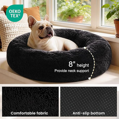 Love's cabin Calming Cat Bed for Indoor Cats,Anti-Anxiety Donut Round Dog Bed,Fluffy Faux Fur Washable Pet Bed for Small Medium Dogs and Cats,Black,20in