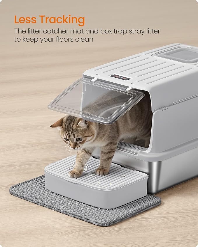 Feandrea Stainless Steel Cat Litter Box with Flip Lid, Litter Catcher Mat and Box, 2 Doors, Scoop, for Cats up to 33 lb, Light Gray UPPT007GD01