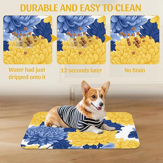 Blue Yellow Flowers Pet Feeding Mat, Quick Dry Absorbent Water Bowl Mat for Dogs and Cats, Anti-Slip Bottom, Indoor Use – 12x20 Inch