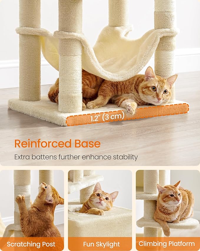 Feandrea Cat Tree, 59.5-Inch Tall Cat Tower, Plush Multi-Level Condo with 5 Scratching Posts, 2 Perches, 2 Caves, Hammock, 2 Pompoms, Beige UPCT192M01