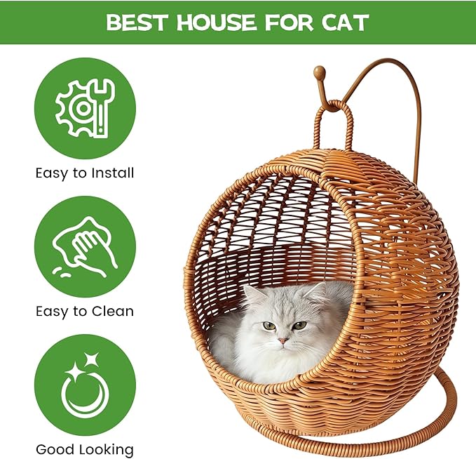 Cat Swing Bed, Cat Egg Chair with Imitation Woven Rattan Appearance, Indoor Hanging Swinging Cat Bed for Cats, Small Dogs, and Small Animals, Brown