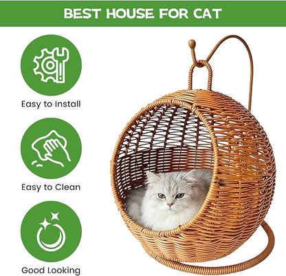 Cat Swing Bed, Cat Egg Chair with Imitation Woven Rattan Appearance, Indoor Hanging Swinging Cat Bed for Cats, Small Dogs, and Small Animals, Brown