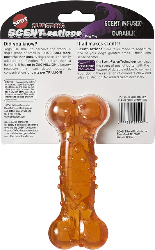 SPOT Play Strong Scent-sations Bone- Scent-Infused, Strong, Durable TPR Rubber, Heavy Duty Dog Toys for Aggressive Chewers up to 45lbs, Great for Puppies & Medium Breeds, 5in, Peanut Butter Flavored