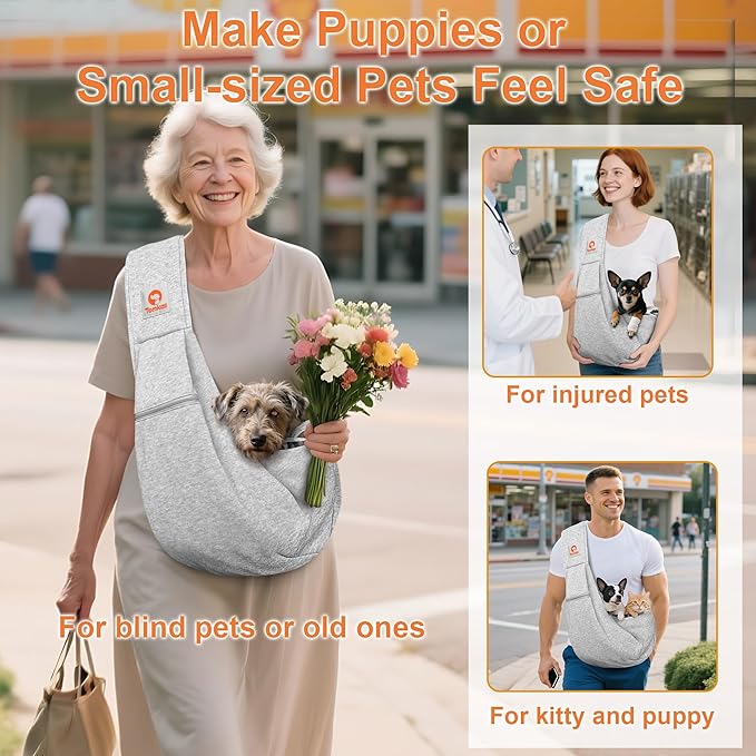 Tomkas Small Dog Cat Sling Carrier Puppy Purse Travel Wrap Soft Crossbody Pet Bag (Grey, M - Zip Pocket & Classic Strap)