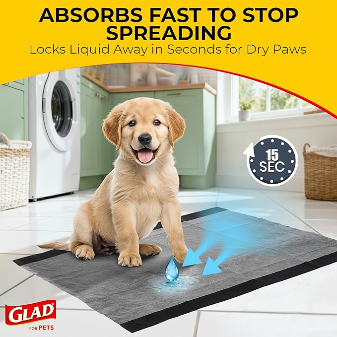 Glad for Pets Extra Large Charcoal Dog Training Pads, Absorbent Leak Proof Pee Pads for Dogs and Puppies, Odor Control Potty Pads with Activated Carbon, 28 x 30 Inches, 50 Count - 4 Pack