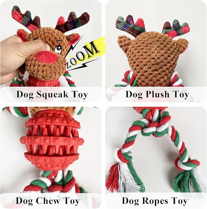 Dog Christmas Toys for Small Medium Large Dogs, Squeaky Plush Dog Toys + Interactive Dog Toys + Dog Rope Toys Multi Function Cute Reindeer Puppy Toys for Christmas