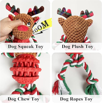 Dog Christmas Toys for Small Medium Large Dogs, Squeaky Plush Dog Toys + Interactive Dog Toys + Dog Rope Toys Multi Function Cute Reindeer Puppy Toys for Christmas