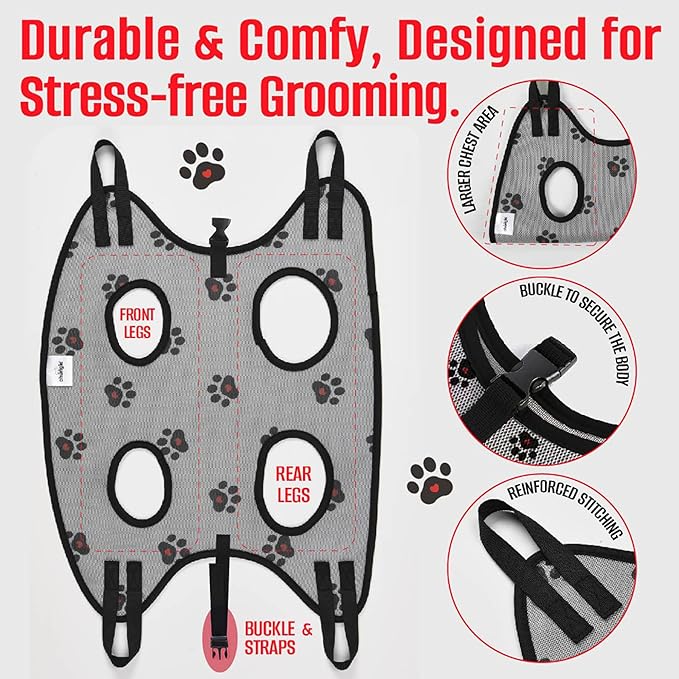 Dog Grooming Hammock for Dogs – Pet Restraint for Nail Trimming with Pet Nail Clipper – Dog Sling for Grooming, Pet Hammock for Nail Cutting & Grooming Harness (Legs Spacing: 9-12”)/Max W:30lb)