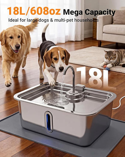 18L/4.76Gal Extra Large Dog Water Fountain with Silicone Mat & 3 Filters, Quiet Pet Water Fountain for Giant Breeds, Stainless Steel Dog Water Bowl Dispenser with Visible Window & Alert Light
