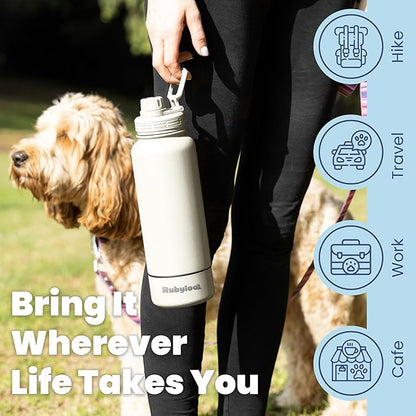 Dog Water Bottle for Dog Lovers - 32 oz Stainless Steel Double Wall Insulated Water Bottle with 8 oz Detachable Bowl on Bottom for Doggy Lovers for Hiking, Walks, Travel - Cream