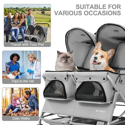 Double Pet Stroller for 2 Small Dogs & Cats, Side-by-Side Twin Travel Carriage with Safety Leashes, Mesh Windows & Double Storage Baskets, Lightweight & Foldable, 44lbs Capacity, Gray