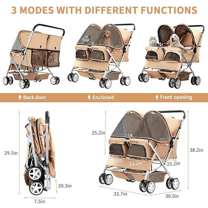 Double Pet Stroller, Foldable Stroller for 2 Dogs & Cats, Two-Seater Carrier Twin Dog Walk Jogger Travel Pet Carriage Cart with Storage, Beige
