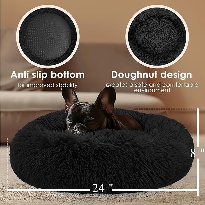 Dogs Bed for Small Dogs, Anti-Anxiety Washable Round Bed (Black, 24.0" L x 24.0" W x 8.0" Th)