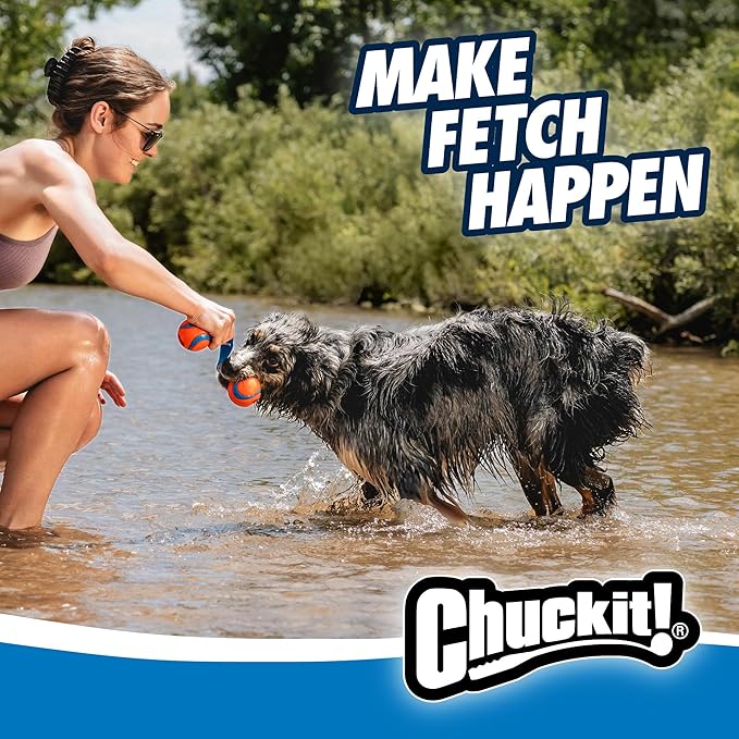 Chuckit! Ultra Duo Tug Dog Toy - Two Ultra Balls on a Durable Nylon Cord Handle - Fetch and Tug-of-War Toy for Dogs - Size Medium - For Breeds 20-60 lbs - 2.5-inch Diameter - Orange and Blue