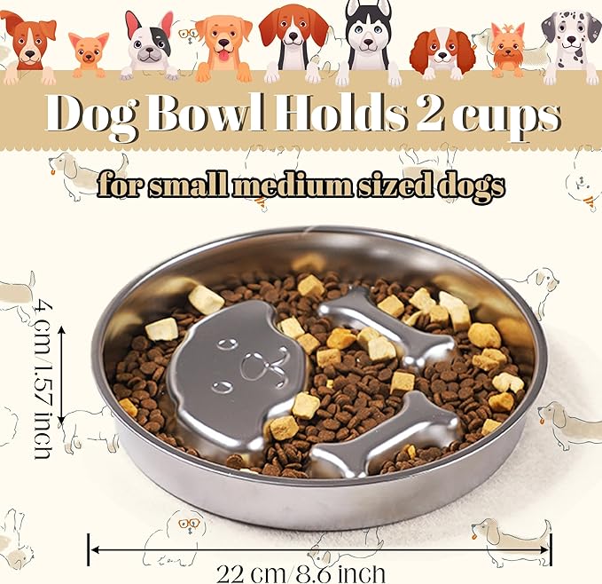 2-Cup Dual Sided Slow Feeder Dog Bowl - Stainless Steel Bowl for Small Medium Puppies, Food-Grade, Dishwasher Safe, Slow Eating for Healthy Pet Digestion