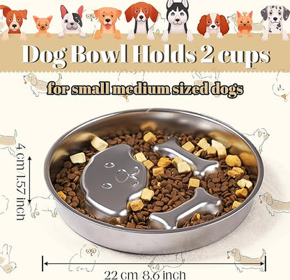 2-Cup Dual Sided Slow Feeder Dog Bowl - Stainless Steel Bowl for Small Medium Puppies, Food-Grade, Dishwasher Safe, Slow Eating for Healthy Pet Digestion