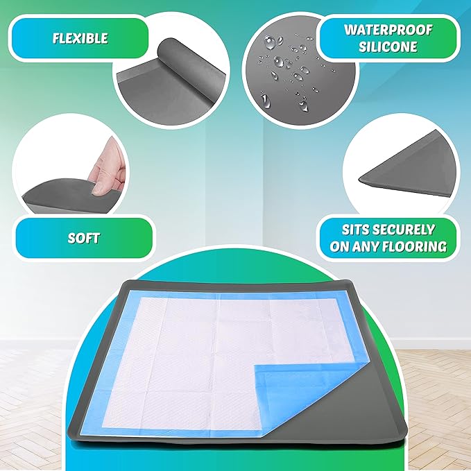 TidyFriend 2 Pack Dog Pee Pad Holder Tray Fits for 36” x 36” Wee Wee Pee Pads - Stable Grip, Raised Edges, Quick-Wipe Silicone Surface Dog Potty Tray Holder for Indoor Flooring Protection (Grey)