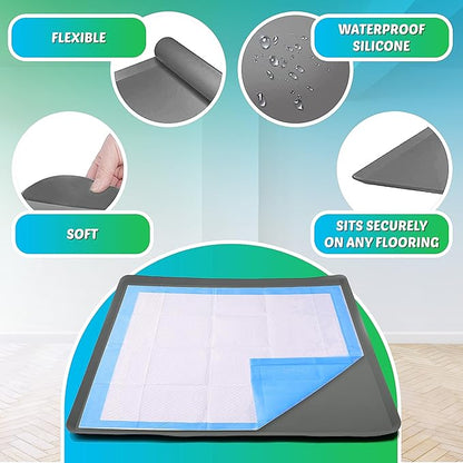 TidyFriend 2 Pack Dog Pee Pad Holder Tray Fits for 36” x 36” Wee Wee Pee Pads - Stable Grip, Raised Edges, Quick-Wipe Silicone Surface Dog Potty Tray Holder for Indoor Flooring Protection (Grey)