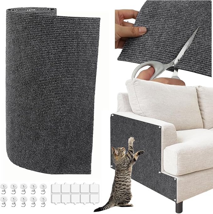 Cat Scratch Couch Furniture Protector, Trimmable Self-Adhesive Cat Scratch Carpet, DIY Climbing Cats Scratch Mat for Covering Cat Scratching Post and Wall & Door Protector from Cat Claws (Dark Grey)
