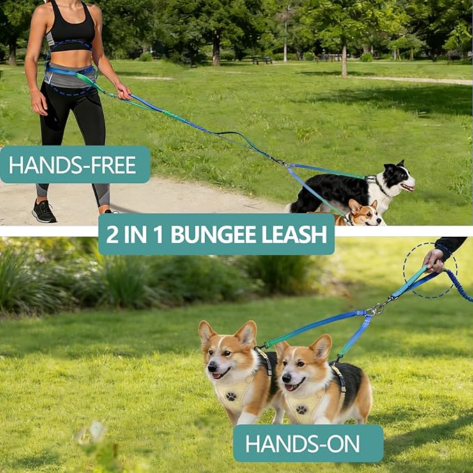 Roses&Poetry Hands Free Double Dog Leash for Two Dogs, 9-11ft Adjustable Bungee Walking Waist Lead, Dual Dog Leash with Tangle-Free Swivel for Medium Large Dogs Heavy Duty Running(Bluegreen)