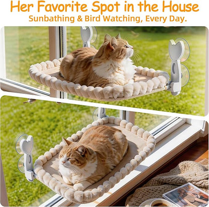 Cat Window Perch - Cordless Foldable Double-Sided Cat Hammock with Metal Frame, Machine Washable Bed for Large Cats & Kittens to Sunbathe Safely-Beige