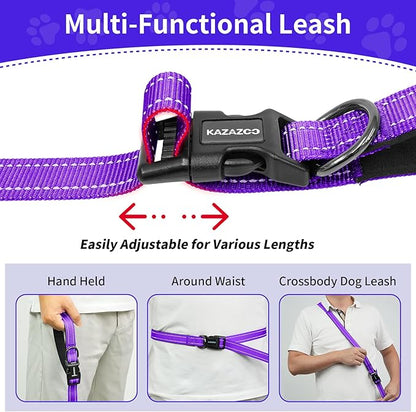 Kazazoo Hands-Free Dog Leash with Adjustable Length 6-9FT + Dual Padded Handles Reflective Safety for Walking, Jogging & Training | Suitable for Medium to Large Dogs & Puppies Purple-L