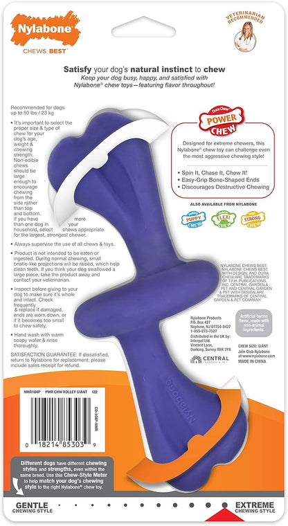 Nylabone Engaging Power Chase 'N Chew Toy for Dogs, Rolling & Spinning Interactive Dog Toys for Aggressive Chewers, Purple, Bacon Flavor, Large - Up to 50 lbs, 1 Count