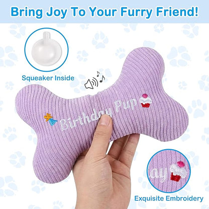 2026 Birthday Squeaky Dog Toys, Embroidered Bone Shape Purple Corduroy Pet Pillow 8"x5", Soft Cotton Filled Cute Fun Dog Chew Puzzle Toy Birthday Gifts for Small Medium Dogs(Birthday Pup)
