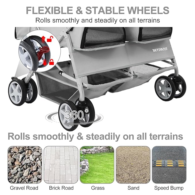 Double Pet Stroller for 2 Small Dogs & Cats, Side-by-Side Twin Travel Carriage with Safety Leashes, Mesh Windows & Double Storage Baskets, Lightweight & Foldable, 44lbs Capacity, Gray