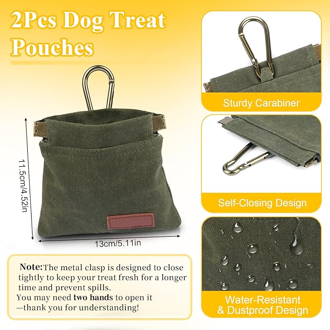 2Pcs Dog Treat Pouches for Pet Training, Hand Free Puppy Dogs Treat Bag with Carabiner, Portable Auto Closing Pet Dog Walking Bag for Travel or Outdoor Use, Pets Feed Snack Reward Pocket- Black, Green