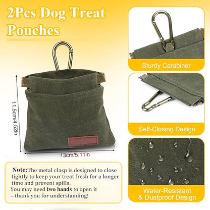 2Pcs Dog Treat Pouches for Pet Training, Hand Free Puppy Dogs Treat Bag with Carabiner, Portable Auto Closing Pet Dog Walking Bag for Travel or Outdoor Use, Pets Feed Snack Reward Pocket- Black, Green