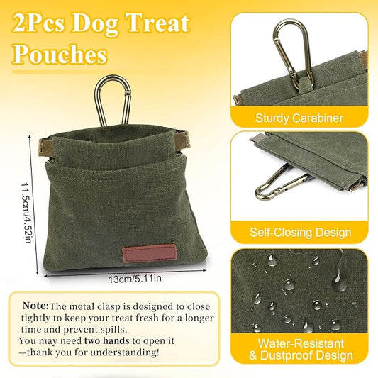 2Pcs Dog Treat Pouches for Pet Training, Hand Free Puppy Dogs Treat Bag with Carabiner, Portable Auto Closing Pet Dog Walking Bag for Travel or Outdoor Use, Pets Feed Snack Reward Pocket- Black, Green