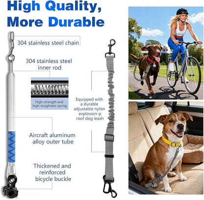 Bicycle Dog Leash for Riding, Hands Free 150° Rotating Built-in Shock Absorber Bike Retractable Leashes for Cycling, Elastic Nylon Adjusted Car Holder Seat Belt Rope (Silver)