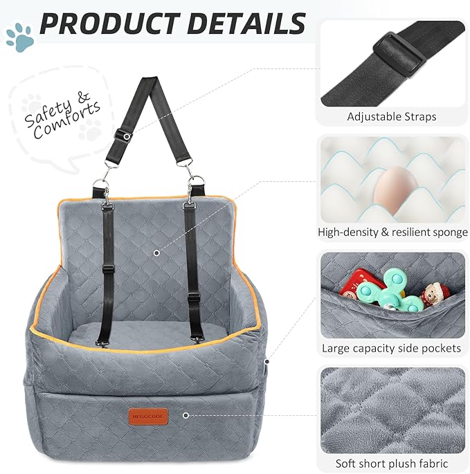 HEGGCOOE Dog Car Seat for Small Medium Dogs, Memory Foam Puppy Dog Booster Seat with Thick Cushion for Dogs Under 35lbs, Detachable Washable Pet Car Seat Travel Bed with Storage Pockets,2 Safety Belts