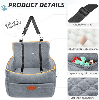 HEGGCOOE Dog Car Seat for Small Medium Dogs, Memory Foam Puppy Dog Booster Seat with Thick Cushion for Dogs Under 35lbs, Detachable Washable Pet Car Seat Travel Bed with Storage Pockets,2 Safety Belts