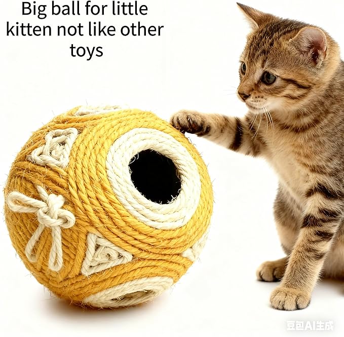 1x Hemp Ball Cat Toy,Six-Hole Hollow-Out Designed,Sisal Hemp Woven Cat Toy, Plume Bell Inside,Special Kitten Chew Toys for Indoor Cats,Interactive pet (Yellow, 12cm Ball)