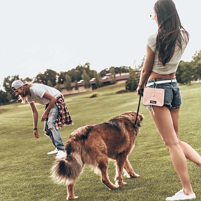 Dog Treat Pouch – Dog Training Pouch with Waterproof Oxford Fabric, Hands-Free Design, Carabiner Clip, Front Pocket, Self-Closing for Outdoor Walks & Puppy Training (Pink)