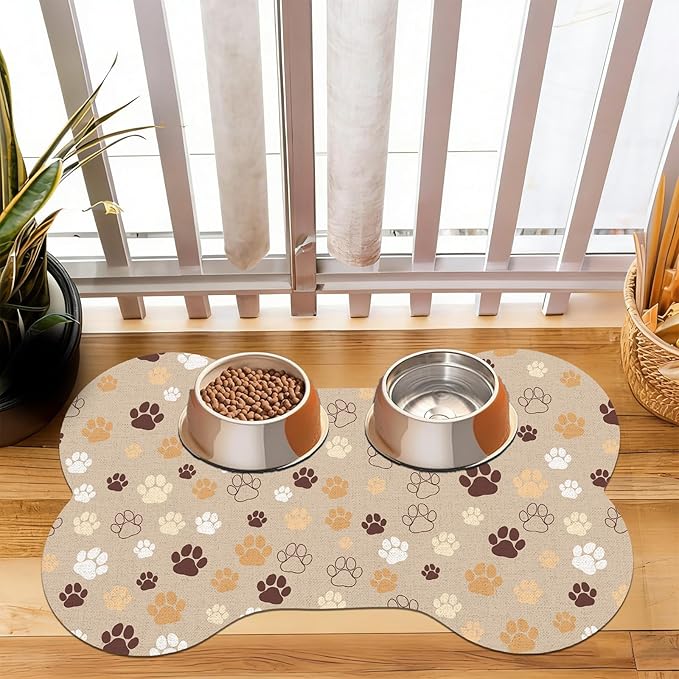 Pet Dog Cat Food Mat, Absorbent Bone Shaped Dog Bowl Mats for Food and Water, Non Slip Cute Dogs Cat Placemats Feeding Mat with Rubber for Floors Indoor Puppy Pet Accessories Supplies 17"x30" Khaki