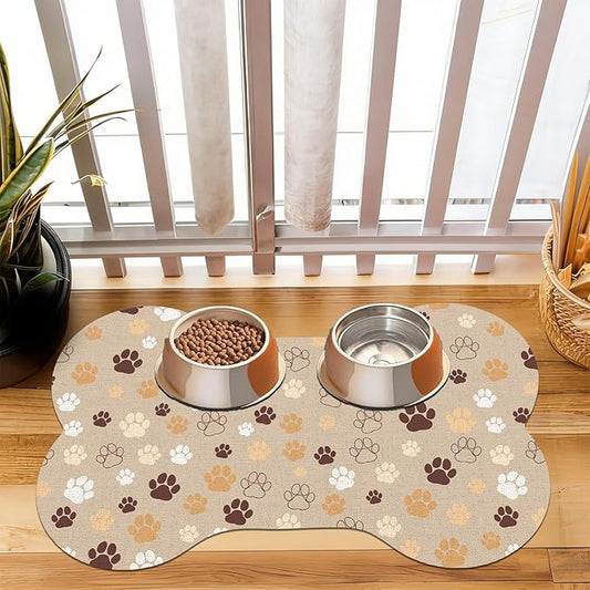 Pet Dog Cat Food Mat, Absorbent Bone Shaped Dog Bowl Mats for Food and Water, Non Slip Cute Dogs Cat Placemats Feeding Mat with Rubber for Floors Indoor Puppy Pet Accessories Supplies 17"x30" Khaki