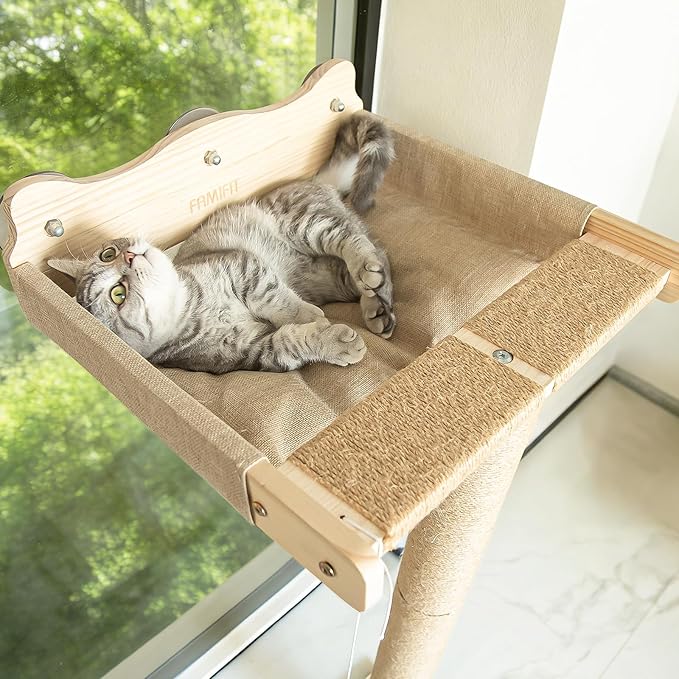 46" Cat Window Perch with 3 Adjustable Sisal Scratching Posts, Drill-Free Suction Cups, Multi-Level Climbing Perch for Bird Watching & Play, 45 lbs Capacity