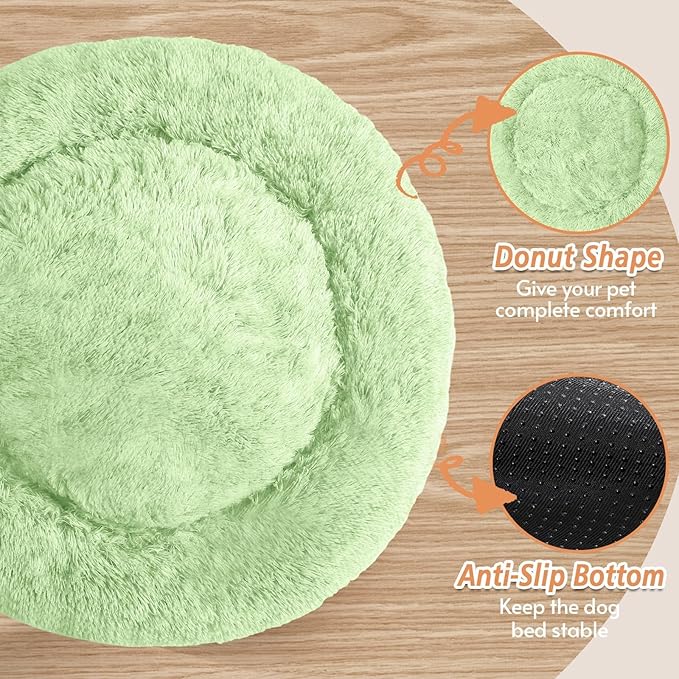 JOLLYVOGUE Calming Dog Bed Medium Size Dog, 31in Donut Washable Medium Pet Bed, Anti-Slip & Anti-Anxiety Fluffy Faux Fur Round Dogs Bed, Fits up to 45 lbs Pets (Light Green)