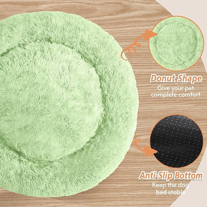 JOLLYVOGUE Calming Dog Beds Large Sized Dog, 36in Donut Washable Large Pet Bed, Anti-Slip & Anti-Anxiety Fluffy Faux Fur Round Dogs Bed, Fits up to 80 lbs Pets (Light Green)