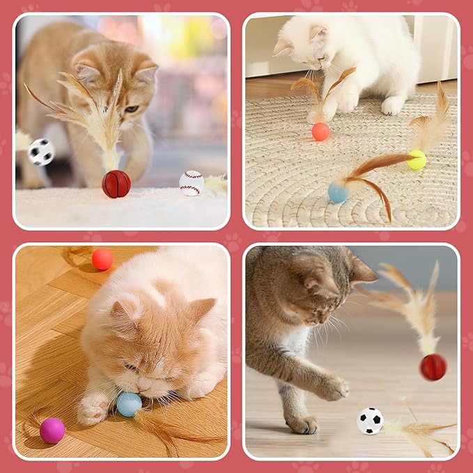 Andiker 3PCS Cat Bouncy Ball with Feather, Colorful Cats Feather Ball Toy Set with Good Elastic for Exercising Chasing Chewing to Reduce Anxiety Interactive Kitten Toys for Indoor Cats (Small, Sport)