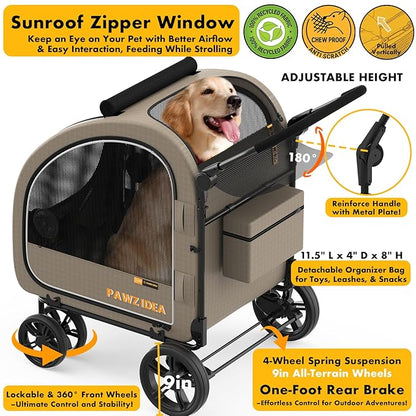 PAWZIDEA 3-in-1 Large Dog Stroller with Detachable Carrier up 100lbs, Foldable Dog Crate for Car Travel, All-Terrain Pet Stroller for 2 Medium Dogs, Jogger Wheels, Adjustable Handle, Stroage Organizer