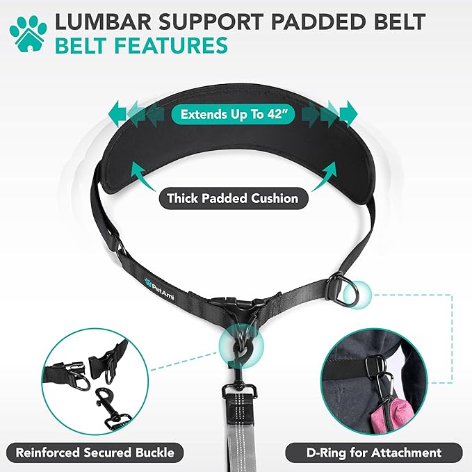 PetAmi Heavy Duty Hands Free Dog Leash, Adjustable Waist Belt for Large Dog Walking Up to 125 lbs, Bungee Leash for Pet Running, Hiking, Reflective Safety for Jogging, Biking, Grey Handle