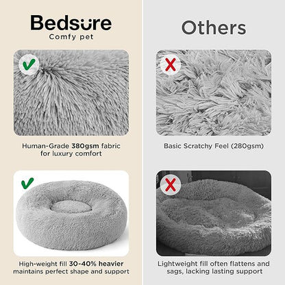 Bedsure Calming Dog Bed for Small Dogs - Donut Washable Small Pet Bed, 23 inches Anti-Slip Round Fluffy Plush Faux Fur Large Cat Bed, Fits up to 25 lbs Pets, Pale Grey