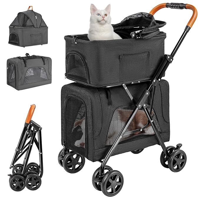 Double Pet Stroller with Detachable Carrier for Medium Small Dogs and Cats, Lightweight Dog Stroller Travel Carriage with No-Zip Canopy Storage Basket One-Click Folding and One-Foot Brake