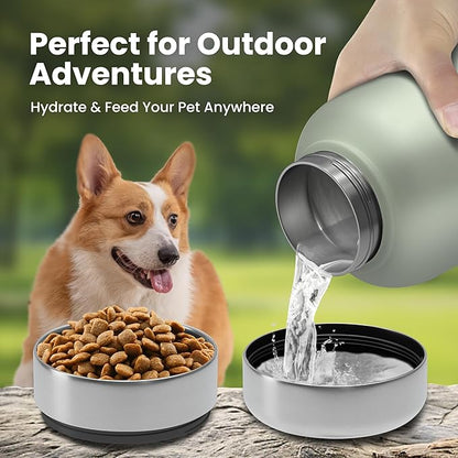 32oz Dog Water Bottle with Bowls - Leakproof Insulated Stainless Steel, Portable Travel Bottle for Hiking, Camping, Outdoor Use (Muted Olive, 32oz)