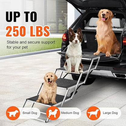 VEVOR Dog Stairs for Car Extra Wide 4-Step Large Dogs, Folding Dog Car Ramp with Nonslip Surface, Portable Pet Steps Lightweight Aluminum for Car, SUV and Truck, Supports up to 250 lbs